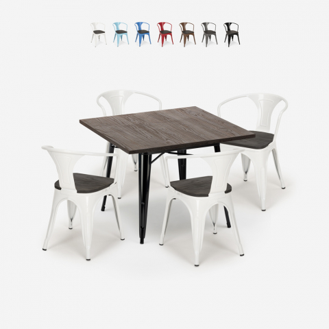 Juego industrial mesa cocina 80 x 80 cm 4 sillas tolix madera metal Hustle Wood Black