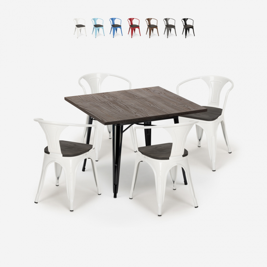 Juego industrial mesa cocina 80 x 80 cm 4 sillas tolix madera metal Hustle Wood Black Promoción