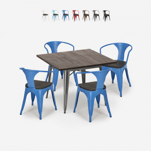 juego cocina industrial mesa 80 x 80 cm 4 sillas madera metal hustle wood Promoción