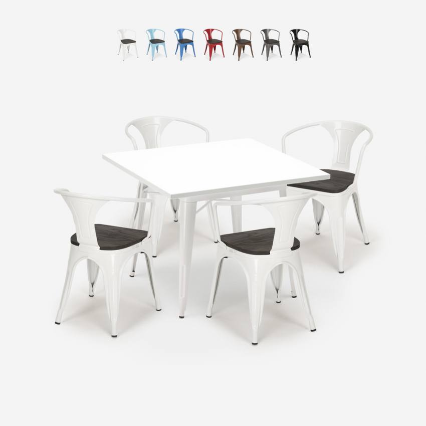 juego mesa cocina 80 x 80 cm 4 sillas estilo industrial madera acero century wood white Oferta