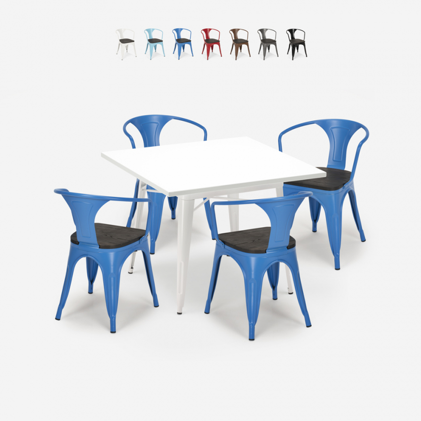 juego mesa cocina 80 x 80 cm 4 sillas estilo industrial madera acero century wood white Rebajas