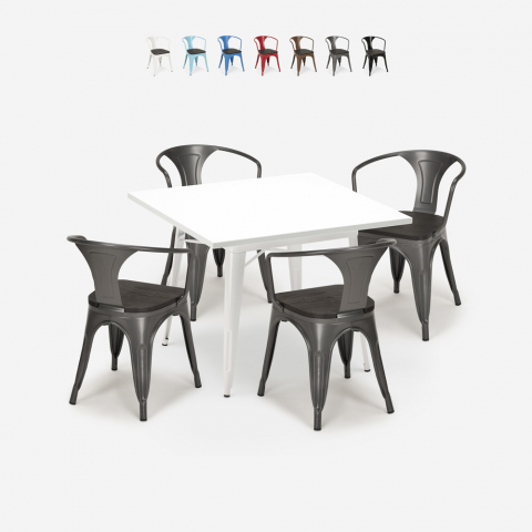 juego mesa cocina 80 x 80 cm 4 sillas estilo Lix industrial madera acero century wood white Promoción