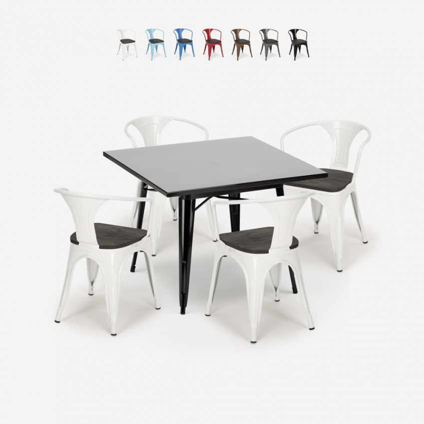 juego industrial mesa 80 x 80 cm 4 sillas estilo madera acero cocina century wood black Oferta