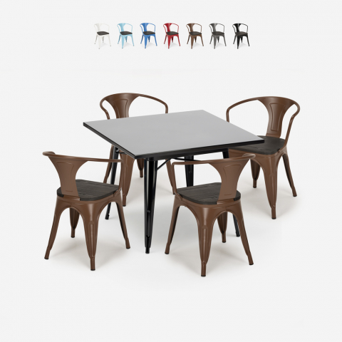 juego industrial mesa 80 x 80 cm 4 sillas estilo Lix madera acero cocina century wood black Promoción