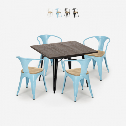 Conjunto industrial mesa madera 80 x 80 cm 4 sillas tolix metal Hustle Black Top Light