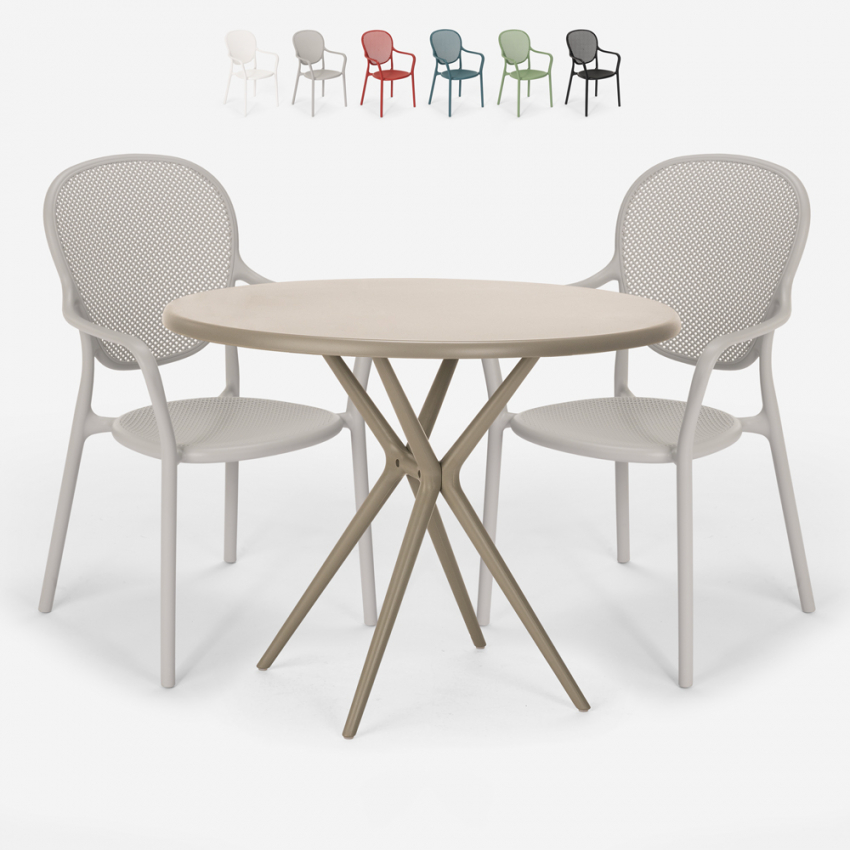 Juego mesa redonda beige 80 cm 2 sillas diseño moderno exterior Valet Promoción
