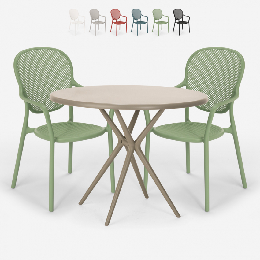 Juego mesa redonda beige 80 cm 2 sillas diseño moderno exterior Valet Descueto