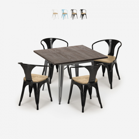 Conjunto mesa cocina 80 x 80 cm 4 sillas tolix madera industrial Hustle Top Light
