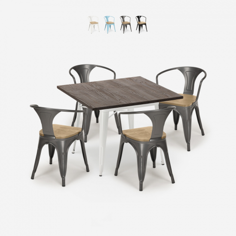 conjunto mesa industrial cocina 80 x 80 cm 4 sillas estilo Lix madera hustle white top light Promoción