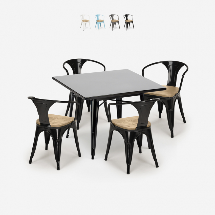 Century Black Top Light conjunto mesa cocina metal negro 80 x 80 cm 4 sillas  tolix
