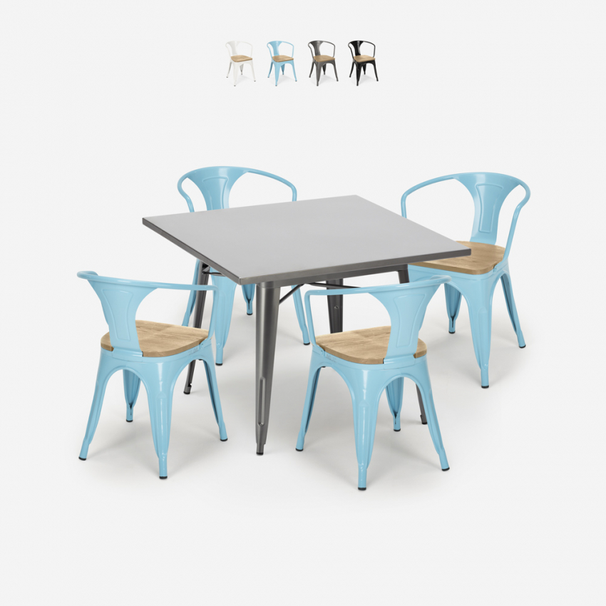conjunto mesa industrial 80 x 80 cm 4 sillas Lix madera metal century top light Venta