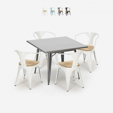 Conjunto mesa industrial 80 x 80 cm 4 sillas tolix madera metal Century Top Light Promoción