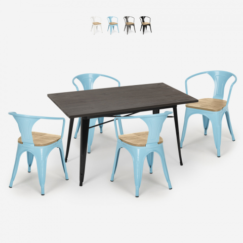 juego 4 sillas madera mesa industrial 120 x 60 cm caster top light Promoción