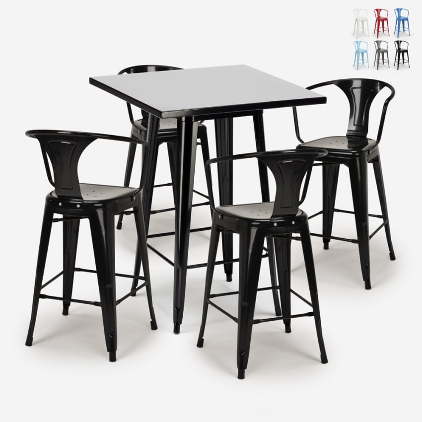 juego mesa alta negro 60 x 60 cm 4 taburetes metal bar cocina bucket black Descueto