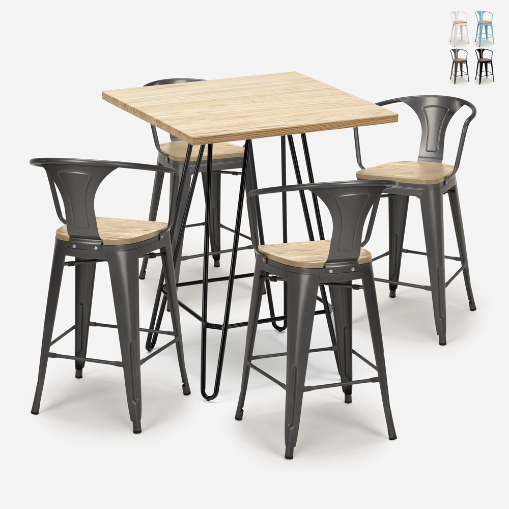 juego bar cocina mesa alta 60 x 60 cm 4 taburetes mason top light