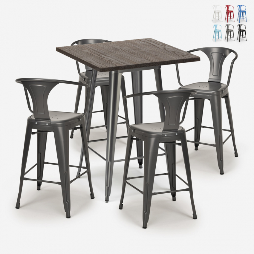 juego mesa alta madera 60 x 60 cm 4 taburetes industrial metal bruck Promoción