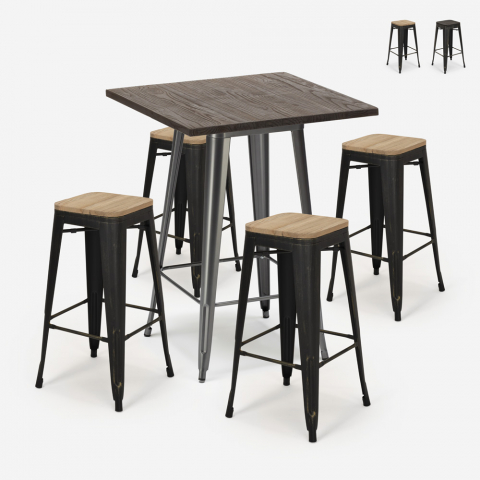 Juego mesa bar alto 60 x 60 cm 4 taburetes tolix madera industrial Bent