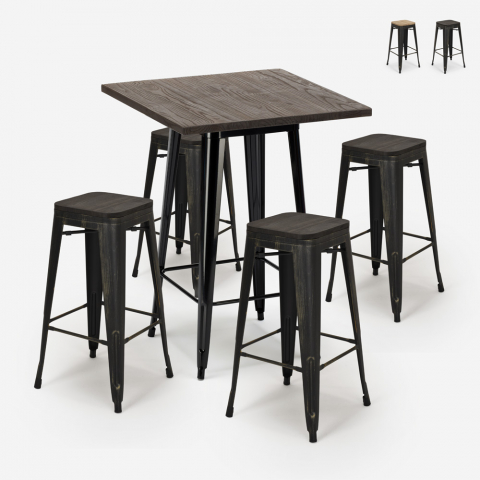 Juego bar 4 taburetes tolix madera industrial mesa alta 60 x 60 cm Bent Black