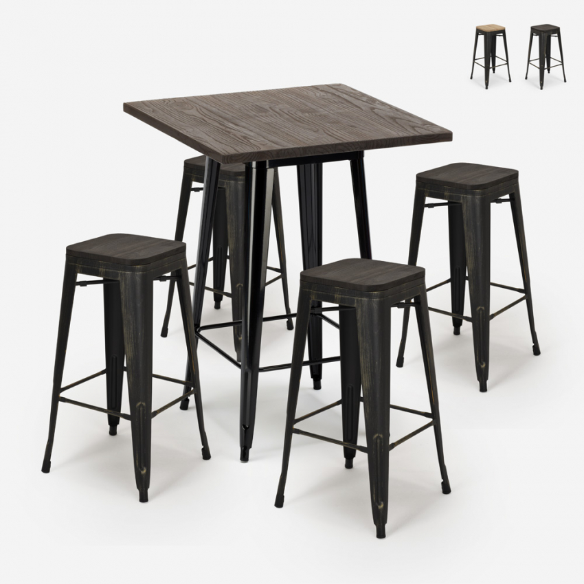 juego bar 4 taburetes madera industrial mesa alta 60 x 60 cm bent black Promoción juego bar 4 taburetes madera industrial mesa alta 60 x 60 cm bent black Promoción