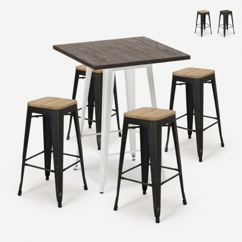 Juego bar industrial 4 taburetes tolix madera mesa alta 60 x 60 cm Bent White