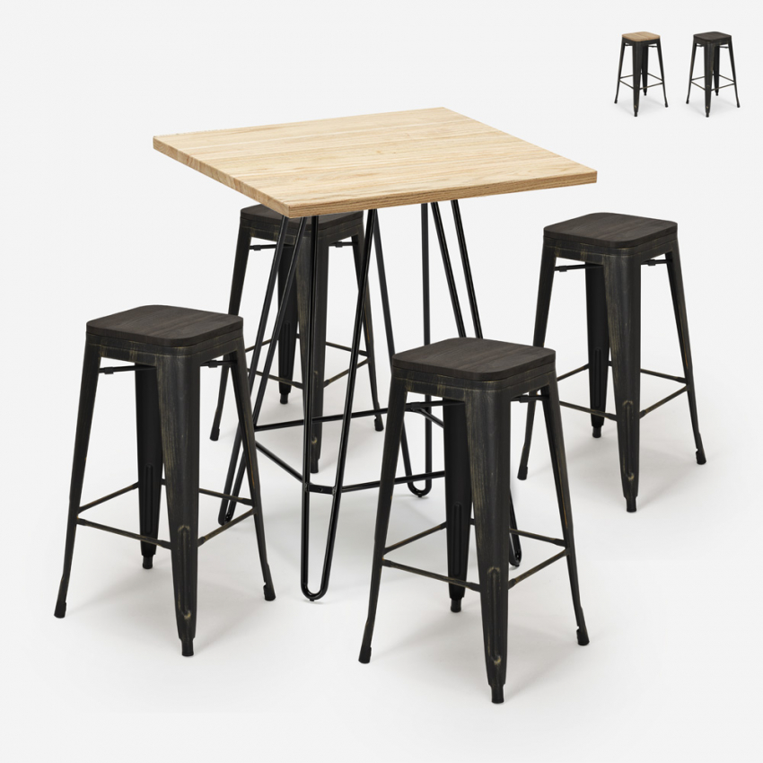 juego bar cocina 4 taburetes madera mesa alta industrial 60 x 60 cm oudin Promoción