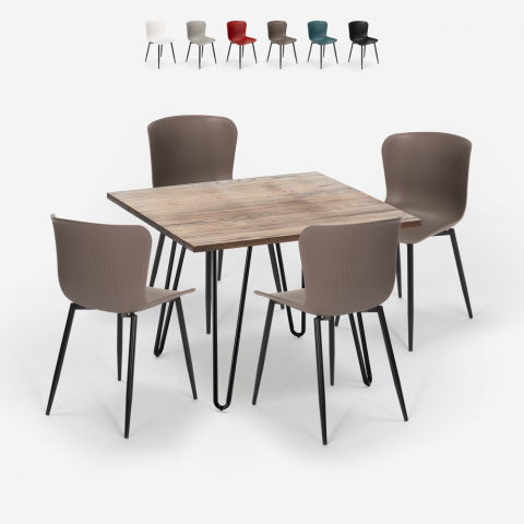 Conjunto mesa cuadrada 80 x 80 cm 4 sillas madera metal estilo industrial Claw Promoción