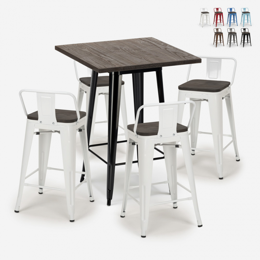 conjunto 4 taburetes mesa industrial 60 x 60 cm madera metal peaky black Oferta