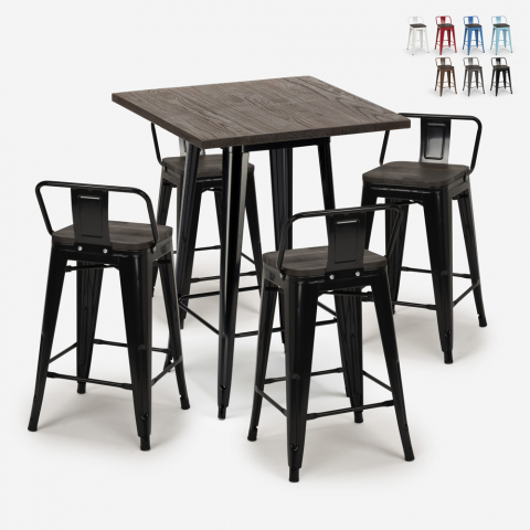 conjunto 4 taburetes mesa industrial 60 x 60 cm madera metal peaky black Promoción
