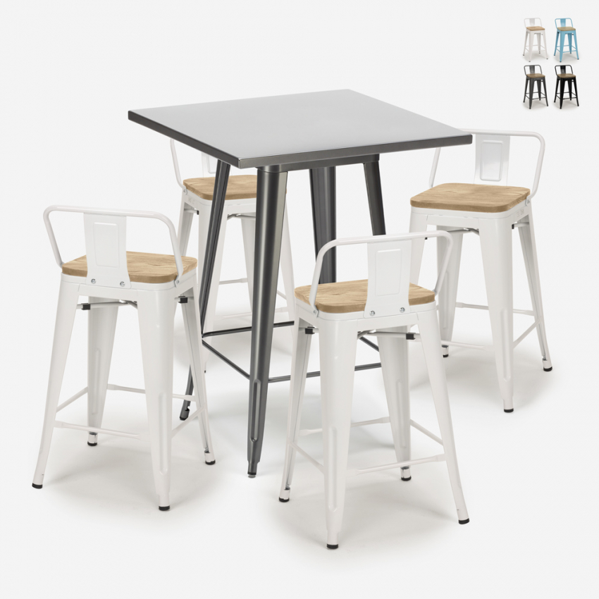 conjunto mesa industrial metal 60 x 60 cm 4 taburetes madera bucket steel Venta