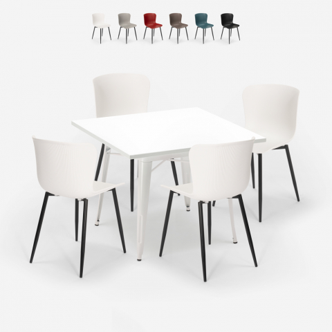 Conjunto mesa cuadrada diseño industrial tolix 80 x 80 cm 4 sillas Wrench Light