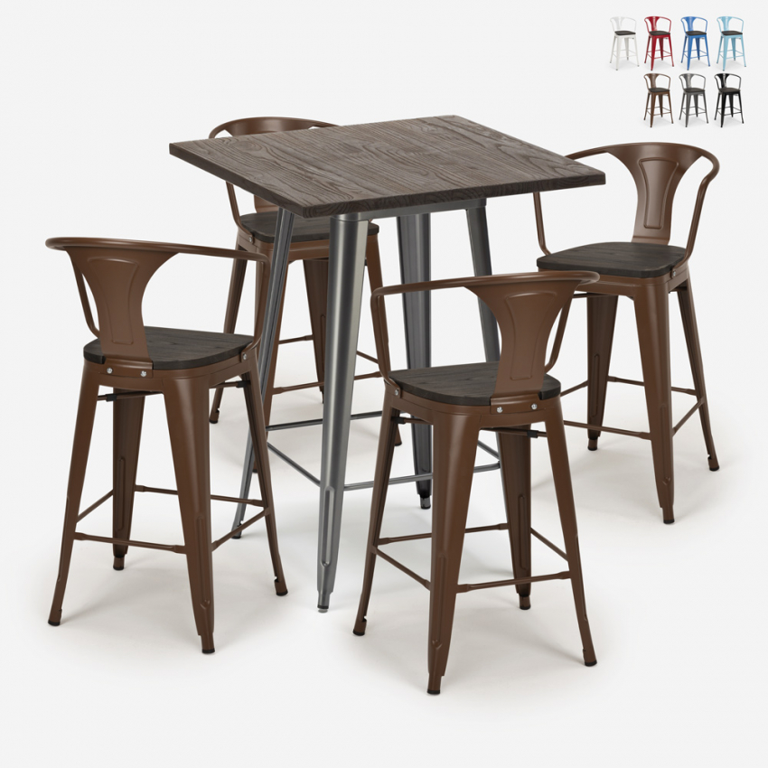 Set de mesa alta de bar y 2 taburetes metal marrón