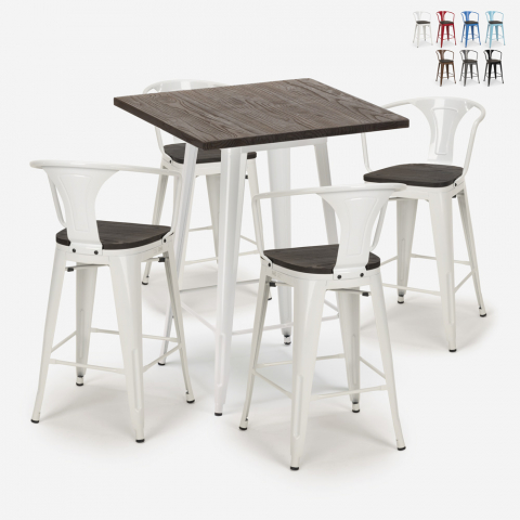 conjunto 4 taburetes bar mesa 60 x 60 cm madera metal bruck wood white Promoción