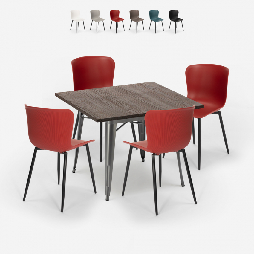 conjunto mesa cuadrada 80 x 80 cm diseño industrial 4 sillas anvil Descueto