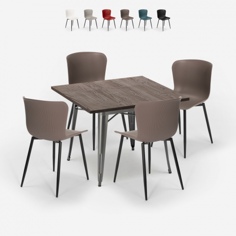 conjunto mesa cuadrada 80 x 80 cm Lix diseño industrial 4 sillas anvil Promoción