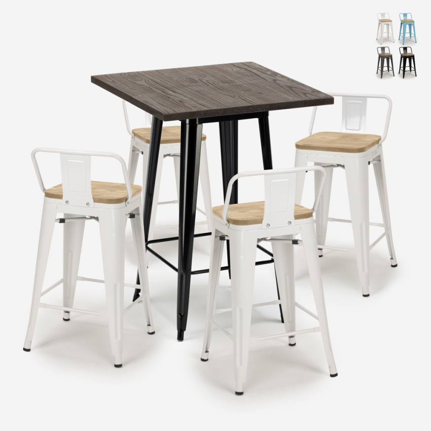 conjunto 4 taburetes mesa industrial 60 x 60 cm madera metal rough black Oferta