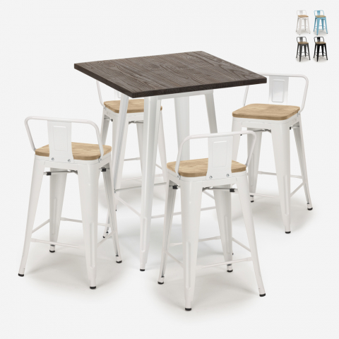 Conjunto mesa bar 60 x 60 cm diseño industrial tolix 4 taburetes Rough White