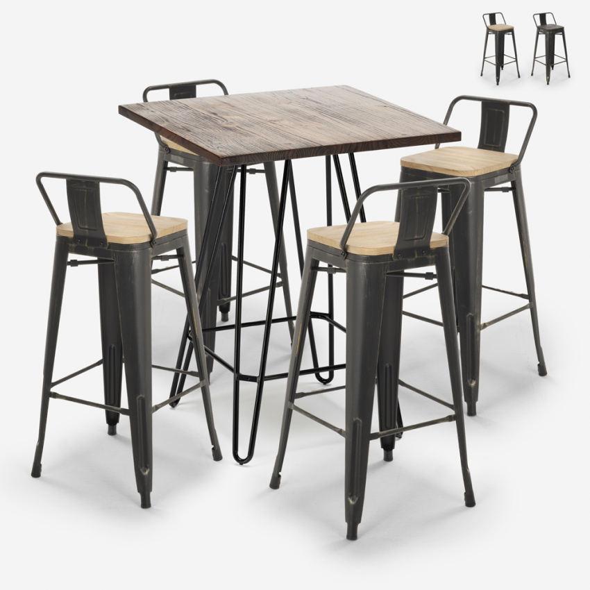 conjunto mesa alta bar 60 x 60 cm industrial 4 taburetes vintage rhodes noix Venta