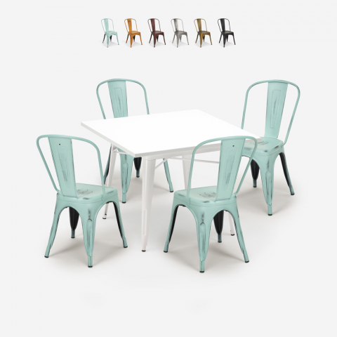 Juego 4 sillas industrial estilo tolix mesa metal 80 x 80 cm blanco State White Promoción