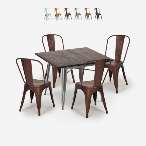Juego mesa de comedor industrial 80 x 80 cm 4 sillas vintage diseño tolix Burton