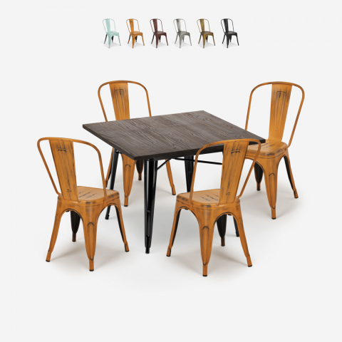 Juego 4 sillas tolix vintage mesa de comedor 80 x 80 cm madera metal Burton Black