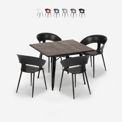 Juego 4 sillas diseño mesa cuadrada 80 x 80 cm tolix industrial Reeve Black