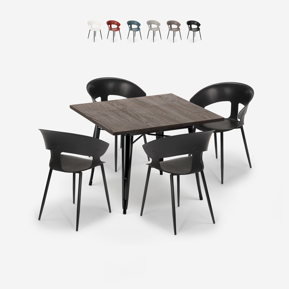 juego 4 sillas diseño mesa cuadrada 80 x 80 cm industrial reeve black