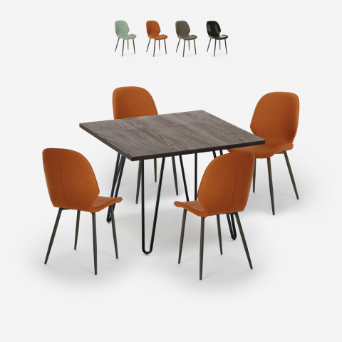 Juego bar cocina mesa 80 x 80 cm industrial 4 sillas diseño polipiel Wright Dark Promoción