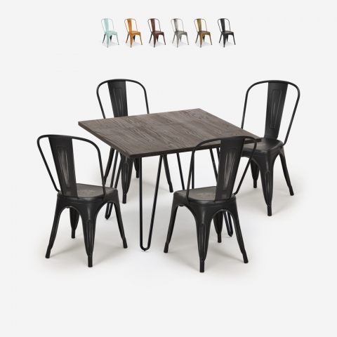 juego mesa cuadrada 80 x 80 cm madera metal 4 sillas vintage hedges dark Promoción