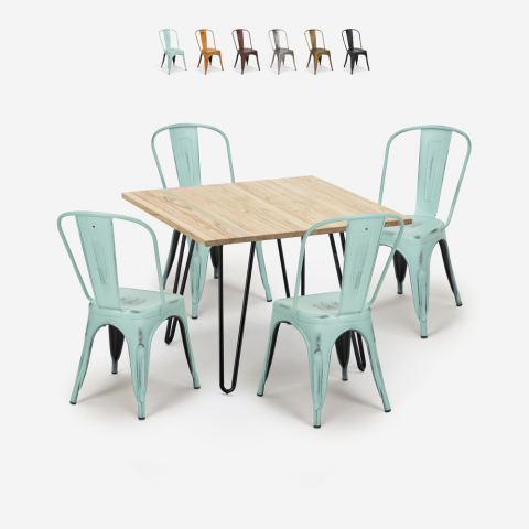 juego mesa bar cocina 80 x 80 cm metal madera 4 sillas vintage hedges light Promoción