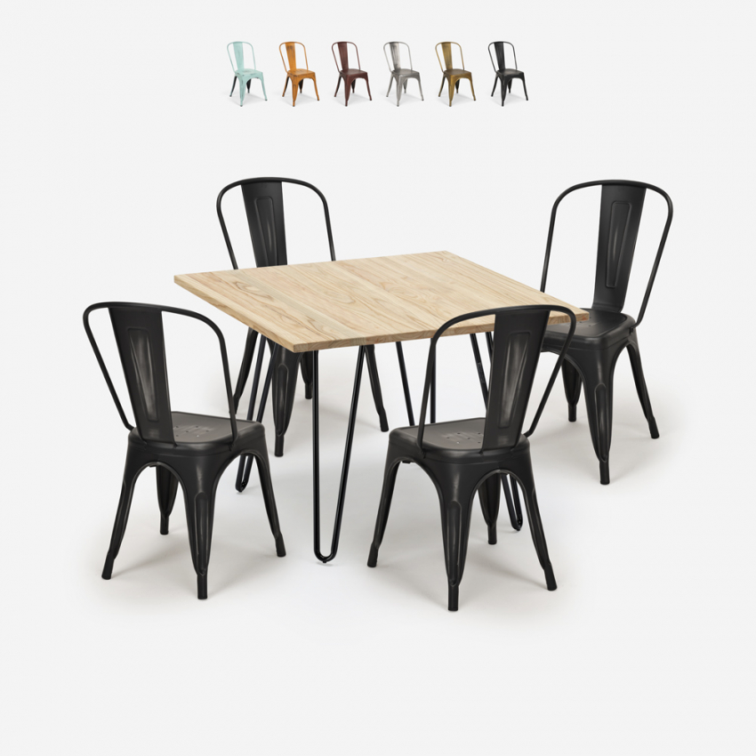 juego mesa bar cocina 80 x 80 cm metal madera 4 sillas vintage hedges light Rebajas