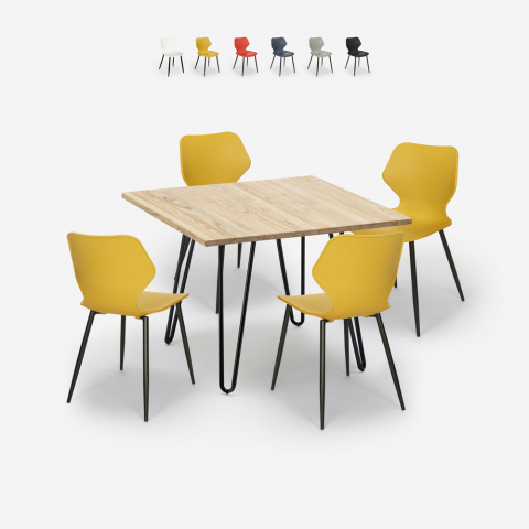 Conjunto mesa cuadrada estilo industrial 80 x 80 cm 4 sillas diseño Sartis Light Promoción