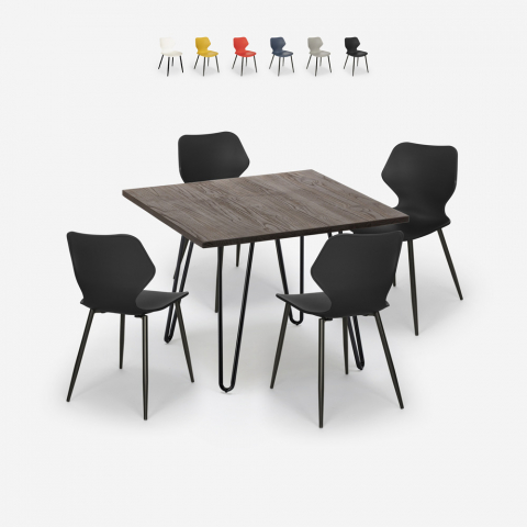 Conjunto 4 sillas diseño mesa cuadrada 80 x 80 cm madera metal Sartis Dark Promoción