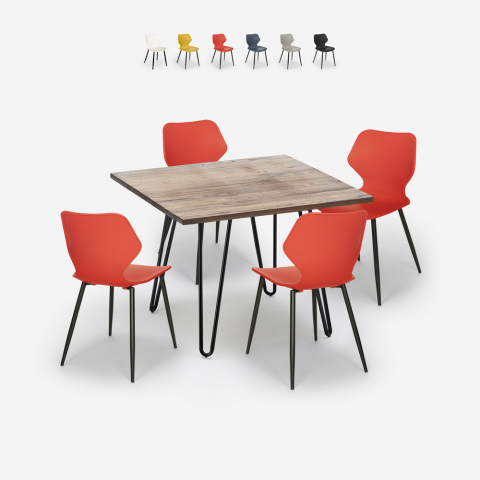 Conjunto mesa cuadrada 80 x 80 cm diseño industrial 4 sillas polipropileno Sartis
