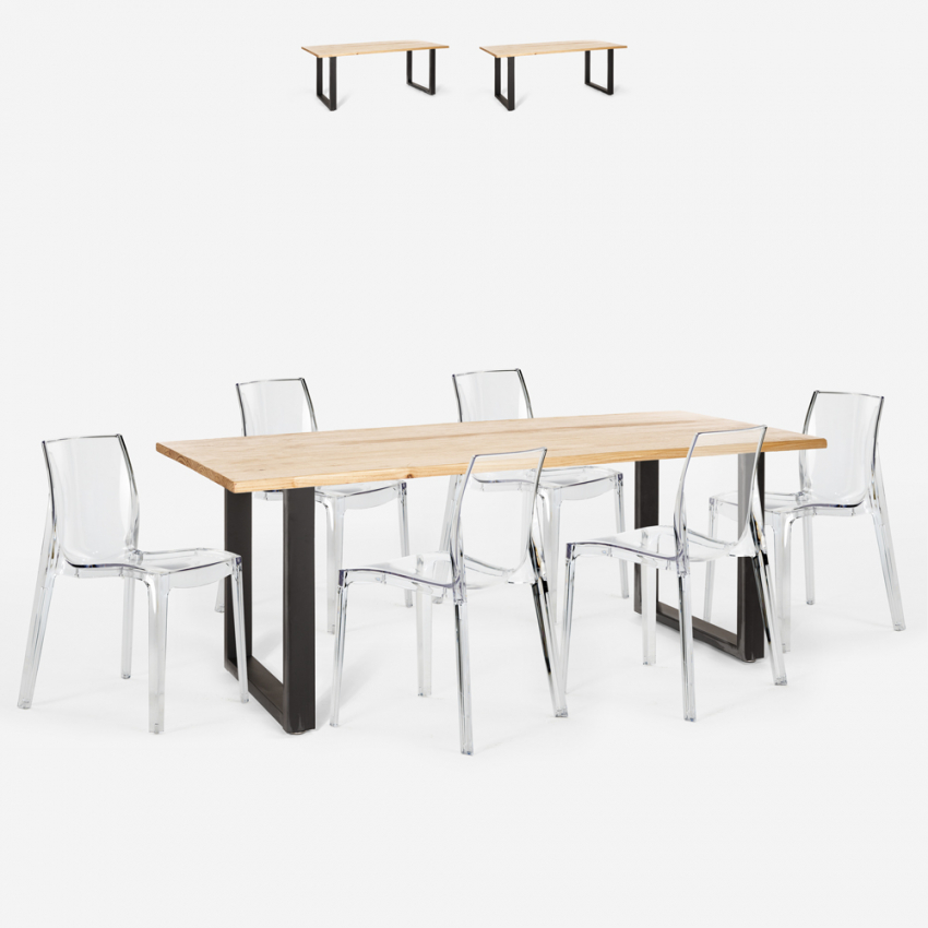 Conjunto cocina mesa industrial 200 x 80 cm 6 sillas diseño transparentes Lewis Promoción
